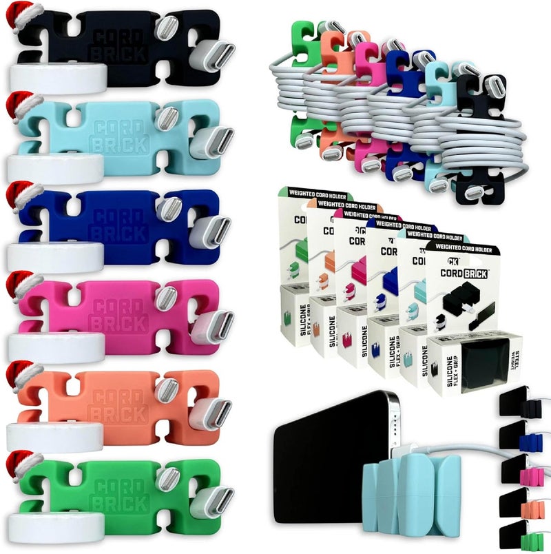 CordBrick Stocking Stuffers for Adults Cord Management Weighted Cord Holder Cable Wrap Phone Stand - Multiuse Gadget Organizer for Nightstand, Desk. Gift for Men, Durable Silicone. 6pk Asst Neutrals - Image 1